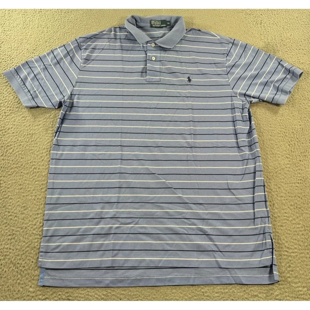 Polo‎ Ralph Lauren Polo Shirt Men XL Blue Striped Golf Pony Performance Rugby